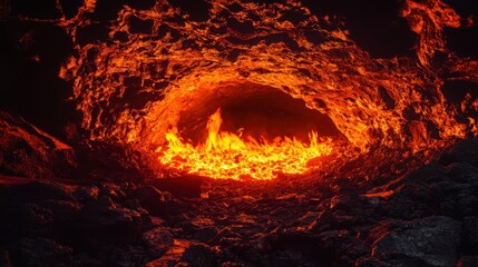 Wall Mural - Fiery lava glowing inside a volcanic cave.