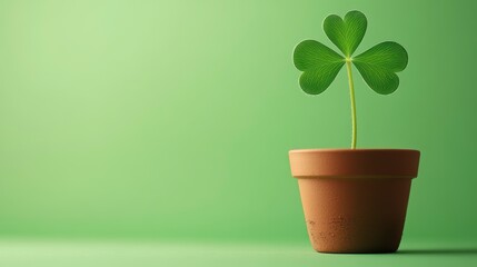 Wall Mural - small heart-shaped clover plant in terracotta pot against green background.
