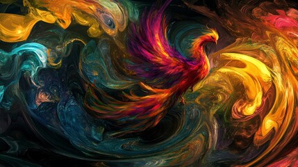 Wall Mural - abstract painting of a phoenix rising from swirling, vibrant colors.