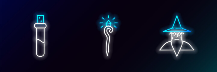Wall Mural - Set line Wizard warlock, Bottle with love potion and Magic staff icon. Glowing neon. Vector