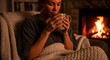 © Miya - Cozy Evening: Woman Enjoying Warm Drink by Fireplace, Wrapped in Blanket