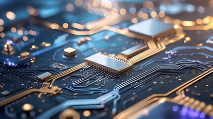 Printed circuit board. Abstract technological background made of different element printed circuit board. Depth of field effect and bokeh can be used as digital dynamic 