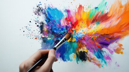 Wall Mural - close-up of a hand holding a paintbrush creating a vibrant, colorful explosion of paint on a white c