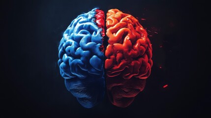Wall Mural - a 3d rendering of a human brain split into two contrasting halves, blue and red, symbolizing duality