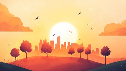 Wall Mural - sunrise over city skyline with trees on a hill.