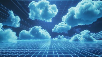 Wall Mural - retro futuristic landscape with grid and clouds.