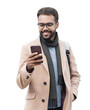 © kite_rin - Young handsome man with backpack holding smart phone isolated transparent PNG, Smiling student men looking at mobile phone isolated portrait