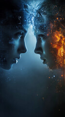 Wall Mural - a beautiful woman and an ai robot facing each other, concept of integration between humans and artif