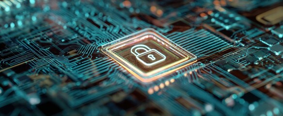the intricate circuitry with a locked padlock symbol representing digital security