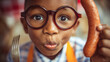 © weerasak - Kids lunch and processed meat, Young boy wearing glasses is excitedly holding fork and sausage, showcasing joyful expression