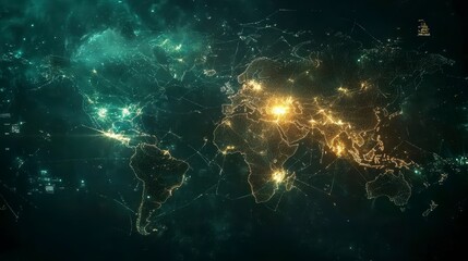 Wall Mural - glowing world map with interconnected lines, representing global network and communication.