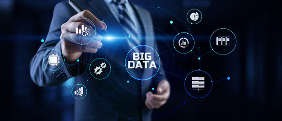 Wall Mural - big data analysis analytics internet technology concept. businessman pressing button on screen.