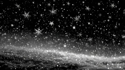 Realistic snowfall on black background with falling snowflakes, winter night concept, ideal for seasonal holiday themes, weather visuals, Christmas design, or cold atmosphere scenes