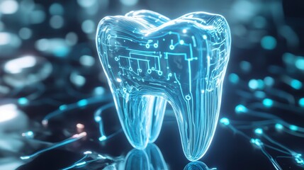 Poster - futuristic transparent tooth with integrated circuit board.