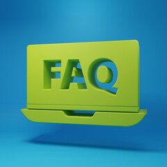 Wall Mural - green laptop and faq icon isolated on blue background. adjusting, service, setting, maintenance, rep
