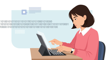 Woman Working On Tablet Device Surrounded With Binary Data For Technology Concept