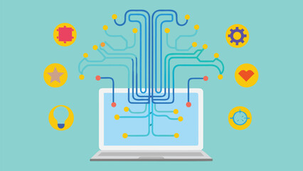 Laptop connected to a network with icons representing different functions and applications online