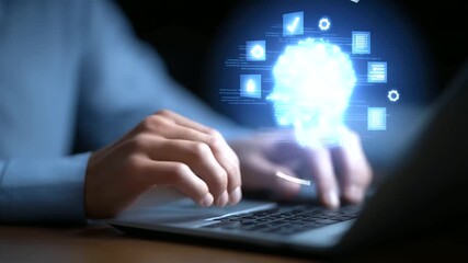 Wall Mural - zoomed-in view of hands typing on a laptop keyboard, overlaid with digital ai graphics.