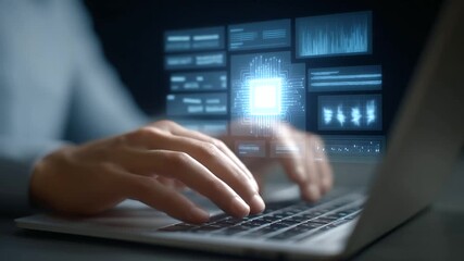 Wall Mural - hands typing on a keyboard with futuristic ai chip and digital data panels in the background.