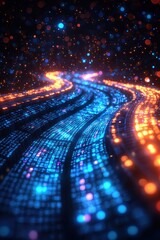 Wall Mural - futuristic pathway with glowing digital lines in vibrant blue and orange colors
