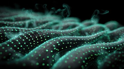 Wall Mural - digital wave animation flows smoothly, turquoise particles glow against a dark background, creating 