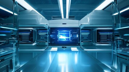 Futuristic laboratory interior zooming on hologram interface
