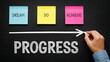 © G-Studio - Hand drawing arrow on blackboard with sticky notes dream do achieve progress text, motivation inspirational quotes educational business message, goal achievement success strategy concept