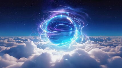 Wall Mural - bright blue and purple energy sphere radiating light and swirling trails, floating above a vast expa