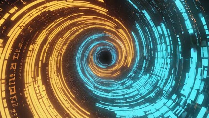 Wall Mural - orange and blue digital vortex is spinning fast with data flowing, creating an abstract technologica