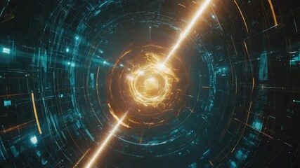 Wall Mural - golden light is quickly traveling through futuristic digital tunnel surrounded by glowing rings and 