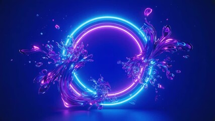 Wall Mural - two colorful splashes of liquid are highlighted by a bright neon circle against a vibrant blue backd