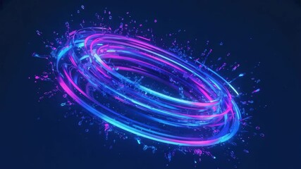 Wall Mural - multiple glowing neon circles are rotating and splashing small drops of liquid in a dark blue enviro
