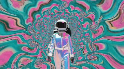 Wall Mural - astronaut wearing a white spacesuit walks through a colorful psychedelic wormhole tunnel in space, c