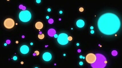 Wall Mural - bright turquoise, purple and gold circles are floating and glowing on a black background, creating a