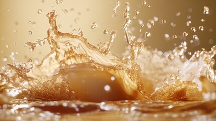 Wall Mural - close-up of amber liquid splashing, creating dynamic crown splash with droplets.
