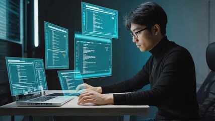 Asian male programmer is working on a laptop with holographic augmented reality software displaying lines of code in a futuristic office setting