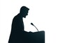 © Johan - Silhouette of a man speaking behind a podium, against a white background