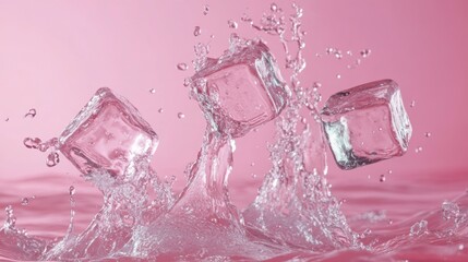 Wall Mural - three ice cubes splashing into water against a pink background.