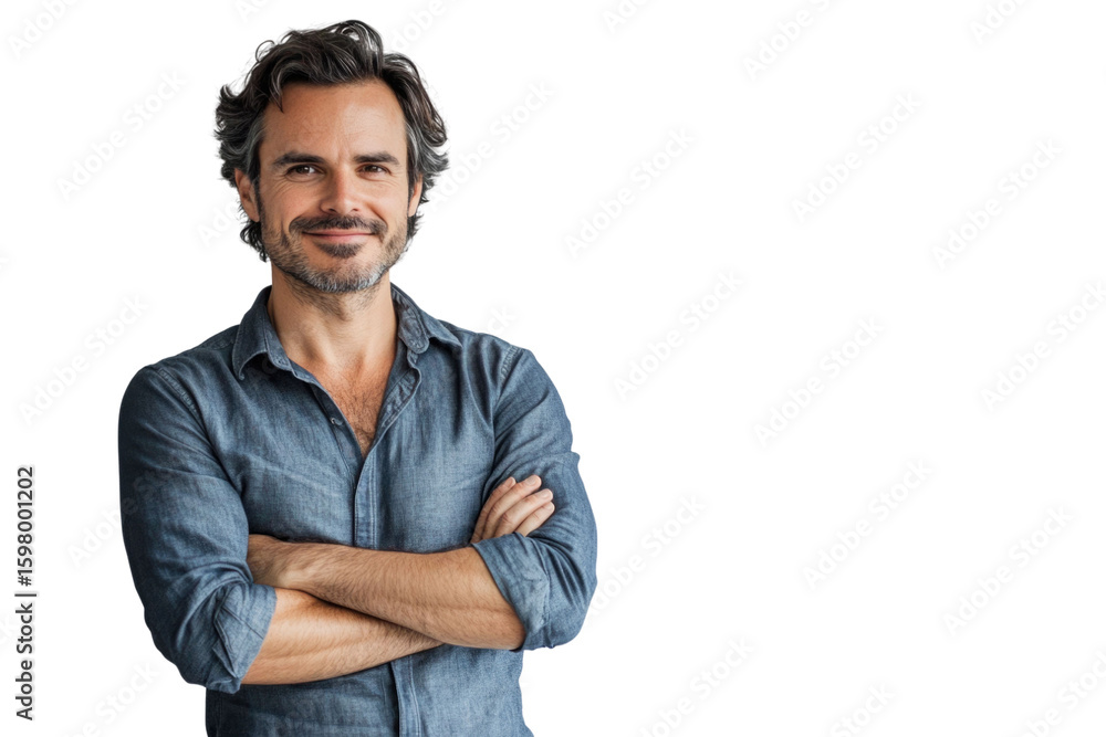 Portrait of 30 years old smiling man looking at camera with crossed ...