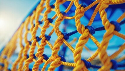 Close-up of a yellow and blue net with knots, likely on a sports goal or fence, showcasing the intricate rope pattern and connection points.