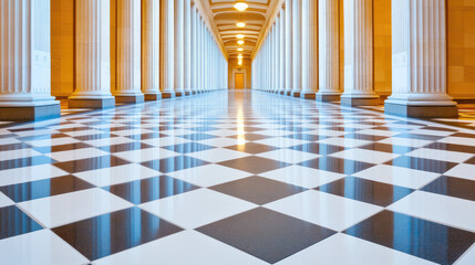 Columns line a hallway with a black and white checkered floor, leading to a vanishing point. Architectural symmetry and geometric pattern