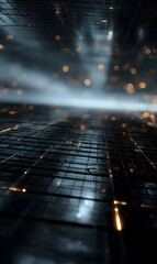 Wall Mural - abstract futuristic grid illuminated floor with particles glittering a modern design representing in