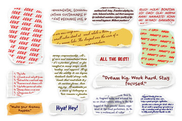 Wall Mural - Ripped paper strips with handwritten text. Realistic crumpled paper scraps with torn edges. Shreds of notebook, book or old newspaper pages. Trendy collage elements. Vector illustration
