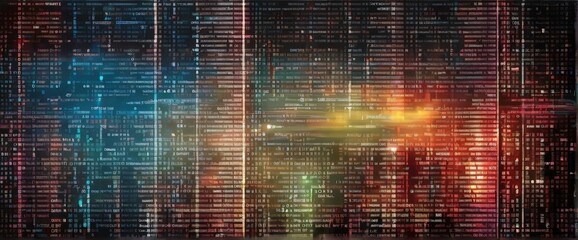 Abstract background of colorful code running on a computer screen. Concept of software development, programming, big data, cybersecurity, and technology.
