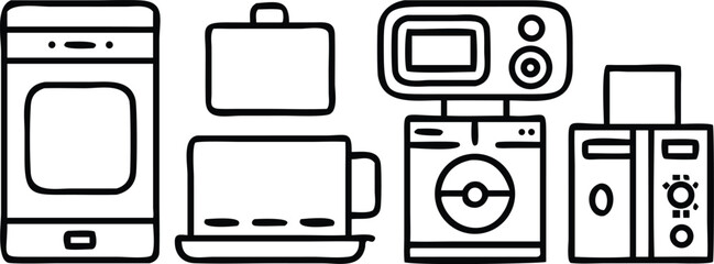 Vector illustration set of modern electronic devices like mobile phone, laptop, computer, and tablet with technology display icons
