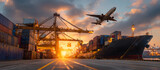 Logistics and transportation of Container Cargo ship and Cargo plane with working crane bridge in shipyard at sunrise, logistic import export and transport industry background