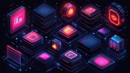 Minimalist AI chip icon set, using smooth geometric lines and gradient colors, designed in a modern flat style, scalable vector graphics.