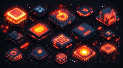 Minimalist AI chip icon set, using smooth geometric lines and gradient colors, designed in a modern flat style, scalable vector graphics.