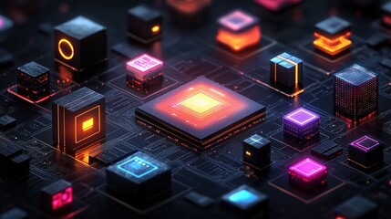 Minimalist AI chip icon set, using smooth geometric lines and gradient colors, designed in a modern flat style, scalable vector graphics.