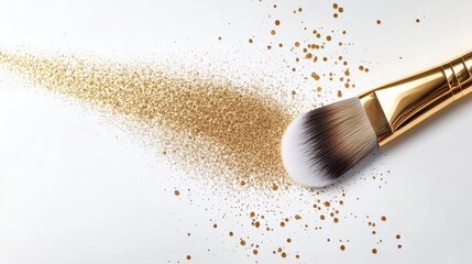 Wall Mural - close-up of makeup brush with gold powder, isolated on white background.